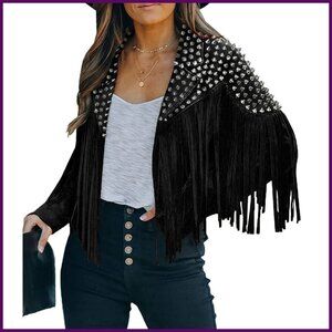 Faux Leather Motorcycle Jacket with Rivets & Tassels, Short Style, Sizes XL